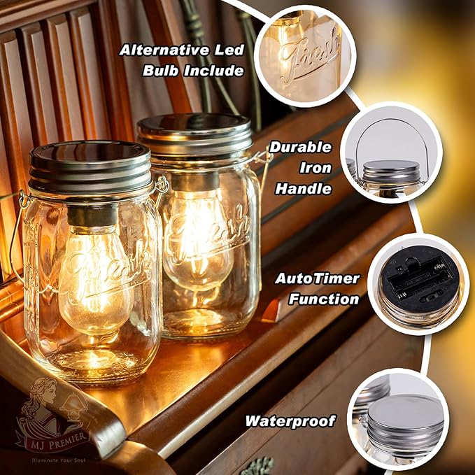MJ Outdoor Mason Jar Lights Hanging Battery Operated Lamp Timer Cordless Lamps 2-Pack LED Decorative Garden Lanterns Glass Light for Patio Camping Courtyard Backyard Tree Hallway Stairs( Transparent)