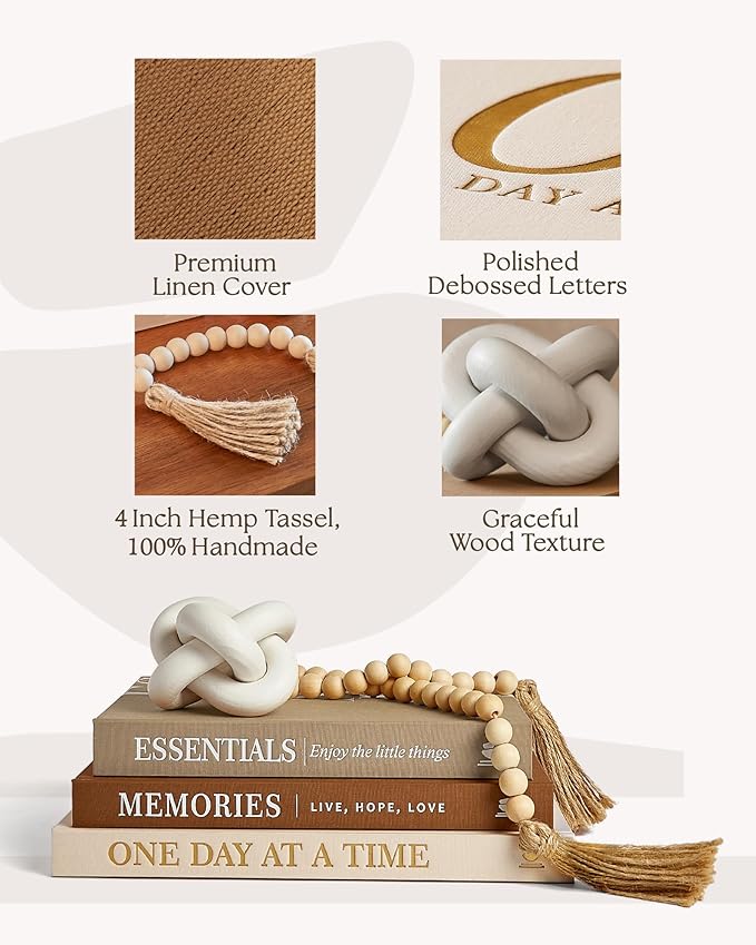 JULZEN Linen Decorative Books for Home Decor - Aesthetic Set of 3 Beige Fake Books for Coffee Table Decor with Faux Book Box Storage, Wood Knot & Bead Garland - Neutral Living Room Decoration