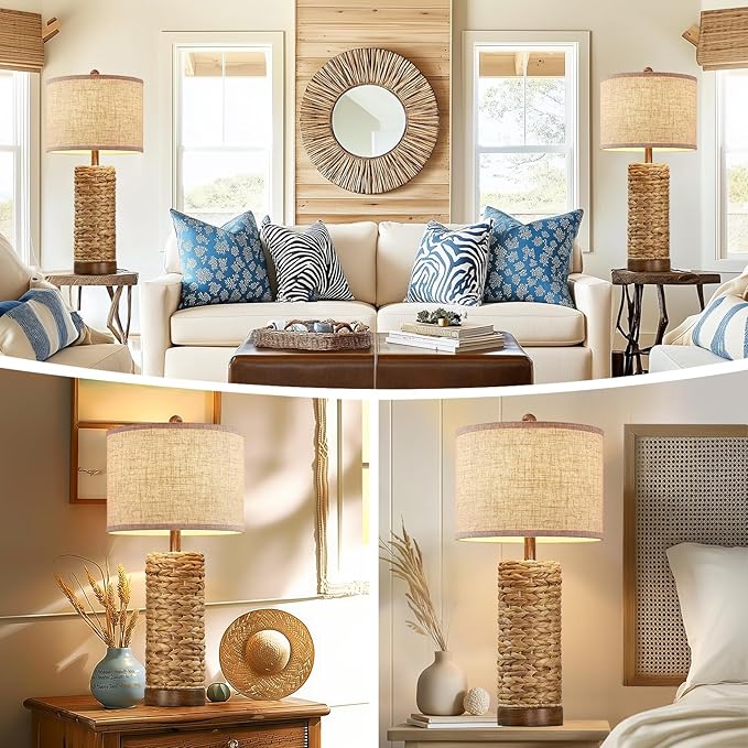 27.5'' Tall Natural Rattan Table Lamps Set of 2, Hand - Woven Wicker Lamp with Linen Shade, Rustic Coastal Boho Style Table Lamps for Bedroom, Living Room, Home Decor