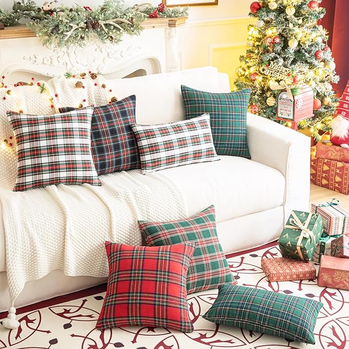 AQOTHES Pack of 2 Christmas Plaid Decorative Throw Pillow Covers Scottish Tartan Cushion Case for Farmhouse Home Holiday Decor Green and Blue, 16 x 16 Inches