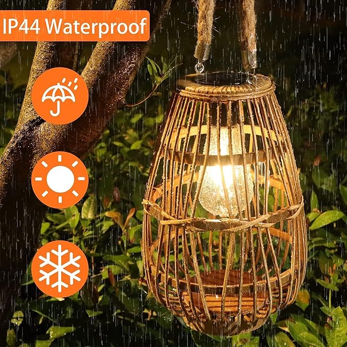 pearlstar Outdoor Solar Lanterns Light Rattan Natural Lantern with Handle for Hanging or Table Lamp for Patio Yard Garden Wedding Home Decoration, Edison Bulb, Auto on/Off(Style 1)