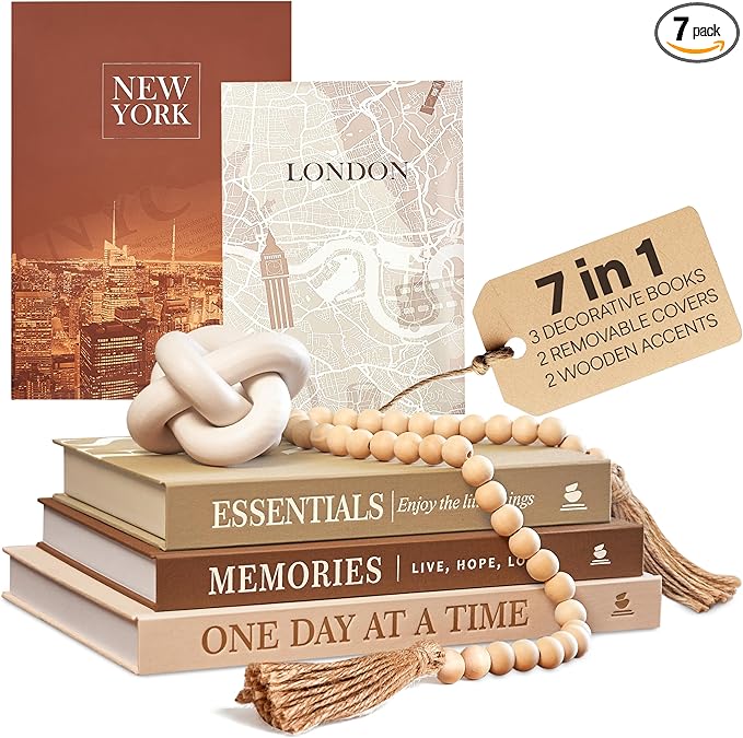 JULZEN Linen Decorative Books for Home Decor - Aesthetic Set of 3 Beige Fake Books for Coffee Table Decor with Faux Book Box Storage, Wood Knot & Bead Garland - Neutral Living Room Decoration