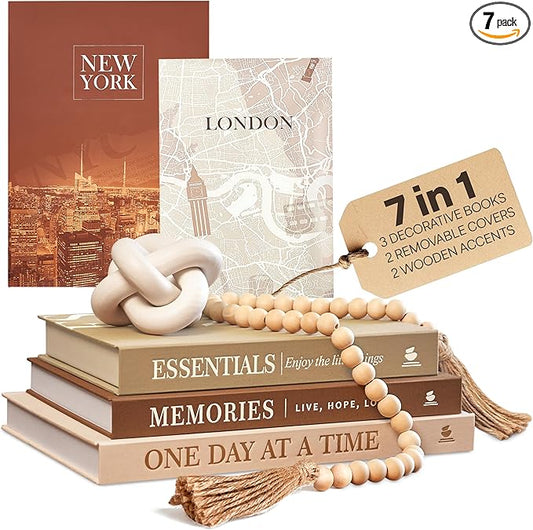 JULZEN Linen Decorative Books for Home Decor - Aesthetic Set of 3 Beige Fake Books for Coffee Table Decor with Faux Book Box Storage, Wood Knot & Bead Garland - Neutral Living Room Decoration