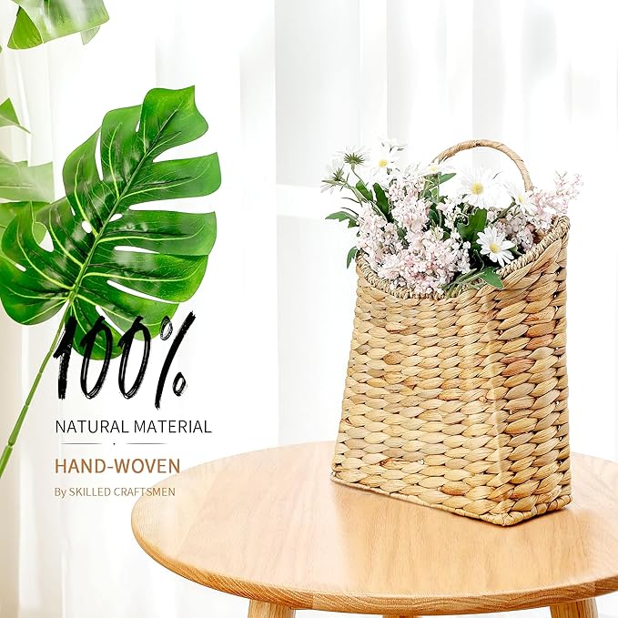 Water Hyacinth Wall Basket, Boho Hand-Woven Hanging Basket for Front Door, Porch & Entryway, Wicker Basket Organizes Mail, Books, Plants, Flowers & Decor, 13x8.5 Inch