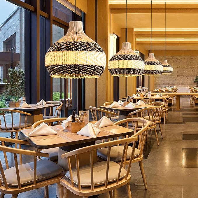 3-Light Rattan Pendant Light,1-Pack Hand-Woven Black White Faux Rattan Hanging Light 15" Boho Basket Wicker Chandelier for Living Room Bedroom Kitchen Dining Hallway