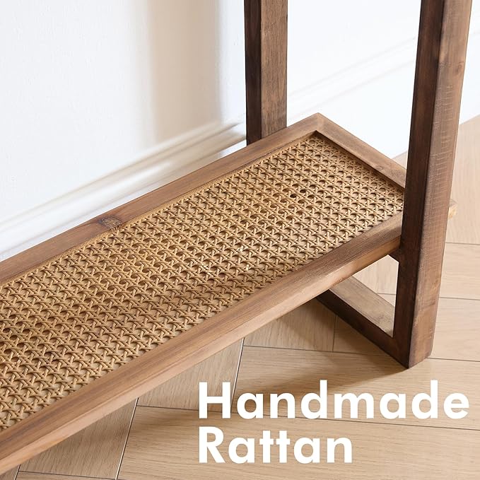 Boho Solid Wood Console Table – 39.4 Inches Rustic Farmhouse Entryway Table with Rattan Shelf, 3 Tier Open Tiered Console Table, Sofa Table for Hallway, Living Room, Foyer