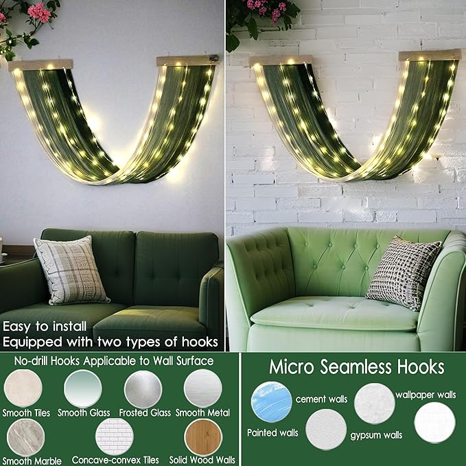 OakHaomie Macrame Fairy Lights Battery Operated with Remote,Large Macrame Wall Hanging with 20ft 100 LED String Lights,Green Gradient Warm White Light for Living Room,Bedroom,Christmas,Holiday Deco