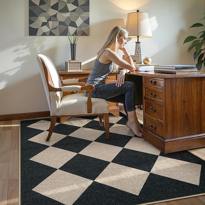 Collive Checkered Easy Jute Outdoor Patio Rug 5x7, Modern LargeWashable Area Rugs Large Non Slip Woven Living Room Carpets, Farmhouse Black Plaid Outside Carpet for Backyard Dining Room Dorm RV