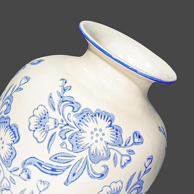 Wancetang Blue and White Chinoiserie Vase for Home Decor- 7 Inch Ceramic Floral Vase for Pampas Grass, Night Stand, Coastal, Kitchen Island, Dining Table Decor