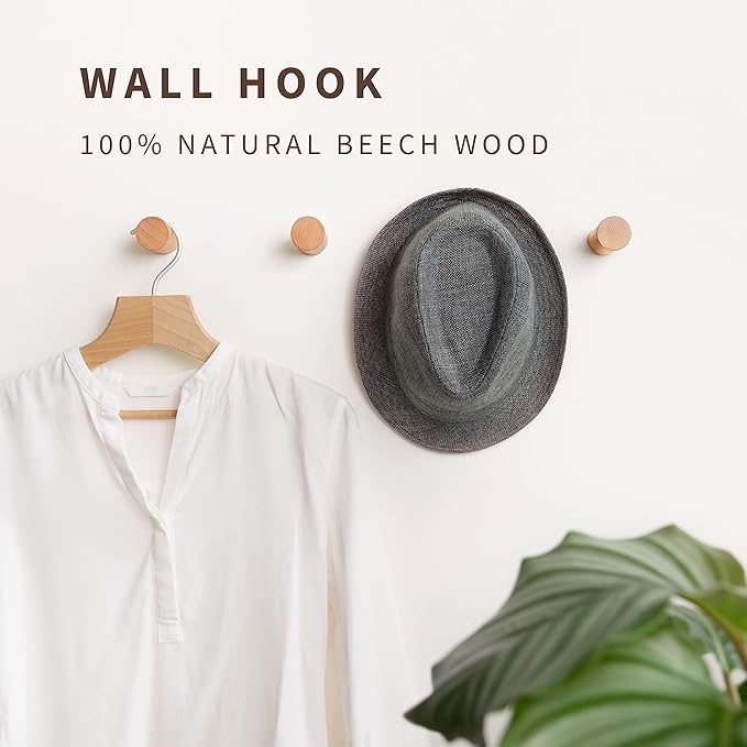 Natural Wooden Wall Hooks - Pack of 4 - Wall Mounted Hook - Modern Wood Coat Rack - Decorative Wooden Pegs for Hanging Hat, Towel, or Purse (Beech Wood)