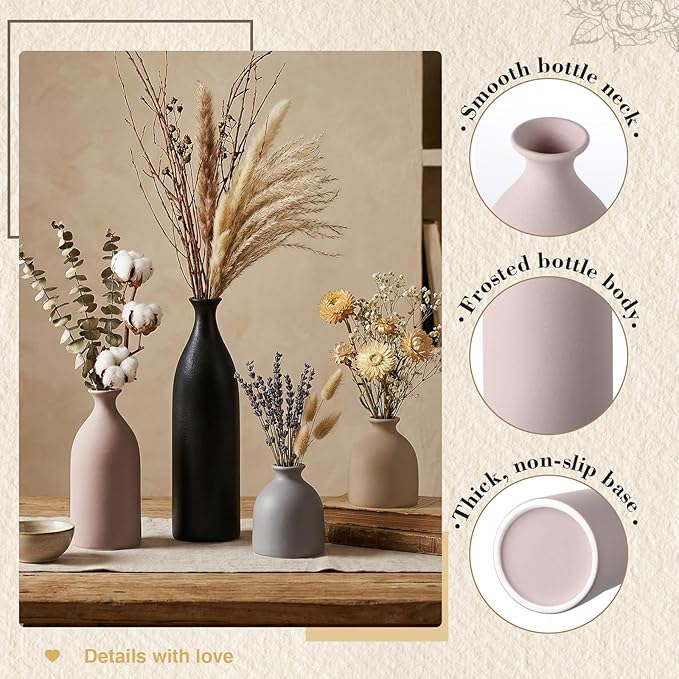 Dandat Ceramic Vase Set of 4, Modern Decorative Ceramic Vases Rustic Pottery Centerpiece Table Decor for Farmhouse Bouquet Pampas Grass Dried Fresh Flowers, Living Room, Kitchen, Bedroom(Brown)