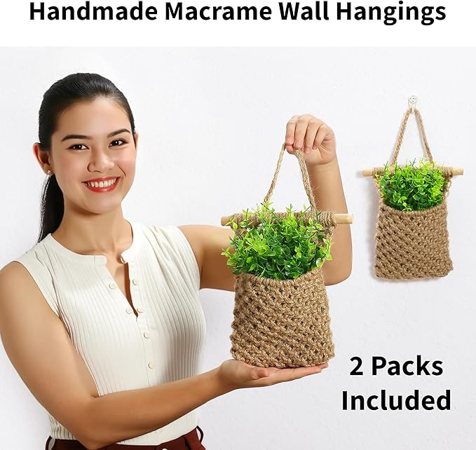2 Packs Macrame Wall Planters with Artificial Eucalyptus | Macrame Plant Hanger, Wall Plant Holders for Boho, Bathroom, Bedroom & Wall Hanging Decor (2 Packs, Brown)