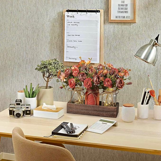 DUOER 3 Pcs Mason Jar Centerpiece Table Decorations for Dining Table Decor Farmhouse Coffee Table Decor with Wood Tray and Led Light Table Centerpieces for Dining room Kitchen Living Bathroom,Orange