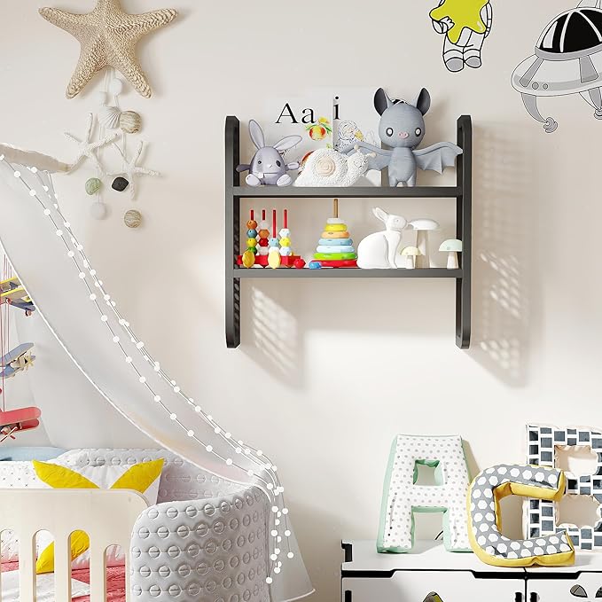 2-Tier Rattan Shelf, Black Rattan Bookshelf Wall Mounted, Handmade Woven Display Shelf, Decorative Boho Shelves for Entryway, Nursery, Kitchen, Bathroom, Living Room