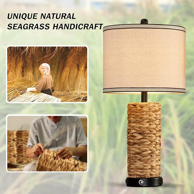 GyroVu Rattan Table Lamp Set of 2, Wicker Lamps, Dimmable Touch Seagrass Table lamp with 2 USB Ports and 1 AC Outlet for Bedroom Nightstand Table, Livingroom End Table, Bulbs Include
