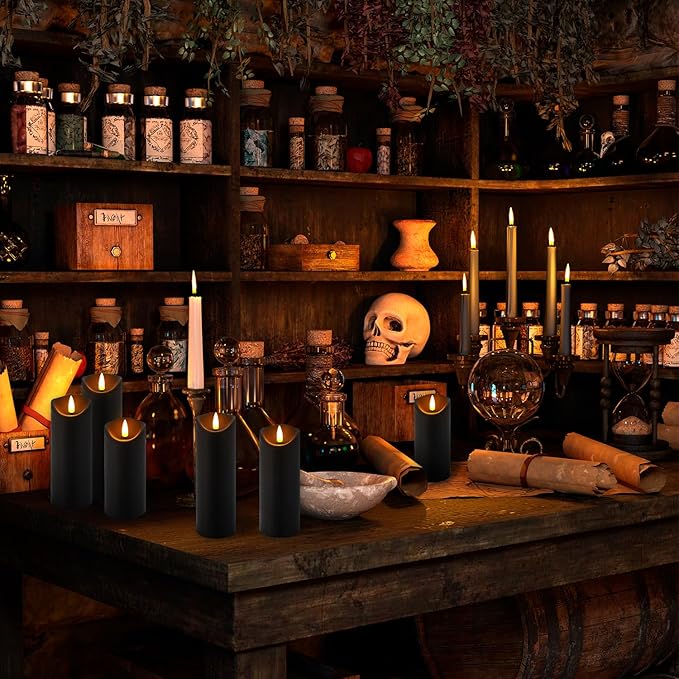 fclayvts Realistic Flameless LED Candle Black Set of 24, Battery Operated with Remote Control, 3D Flame Pillar Timer Funtion Melted Top Safe,Perfect for Indoor/Outdoor Decor,Wedding,BBQ and Gift