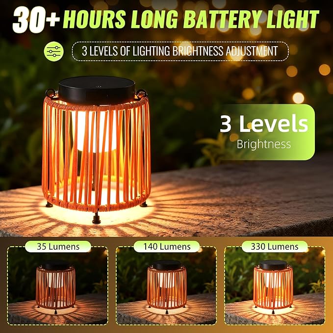 BRIMMEL Solar Lanterns Outdoor Waterproof IP54, Handwoven Wicker Outdoor Table Lamps Portable Rechargeable with 30H+ Runtime, Dual USB-C/Solar Charging, 3 Brightness Levels, Orange