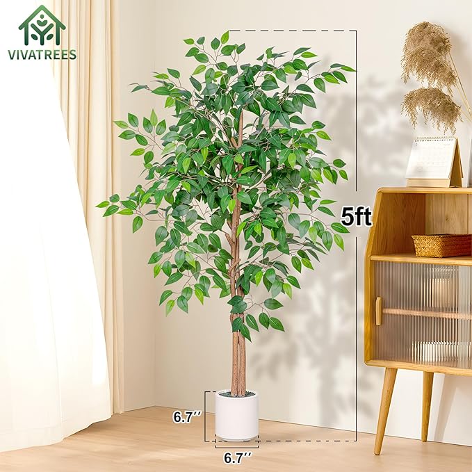 VIVATREES 5FT Artificial Ficus Tree with White Planter, Realistic Faux Silk Indoor Outdoor Plant for Home Office Living Room, Porch, Garden Decor