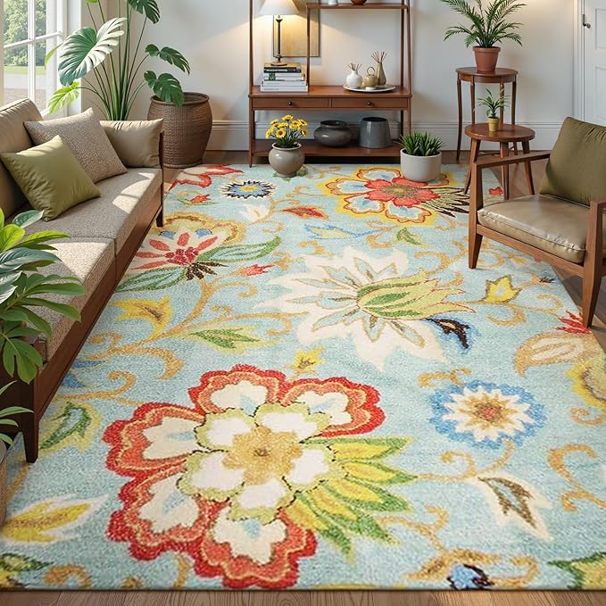 Lahome Machine Washable Floral Living Room Rug - 5x7 Area Rugs for Bedroom Non-Slip Large Low-Plie Soft Throw Nursery Kids Room Carpet Distressed Indoor Carpet for Dining Room Entryway Office