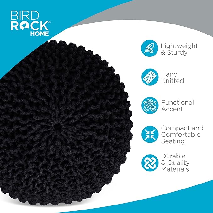 BIRDROCK HOME Round Pouf Ottoman | Cotton Braided Foot Stool with Bean Bag Filling | Boho Foot Rest for Living Room & Bedroom | Compact & Comfortable Seating, Lightweight & Soft | Black