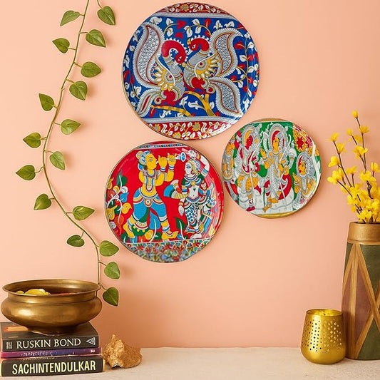 RITUALISTIC Kalamkari Madhubani Wall Plates for home decoration | Wall decor items for living room | Metal Wall décor | Gift items for women and men | Home Décor Christmas Gift Item | Set of 3 plate