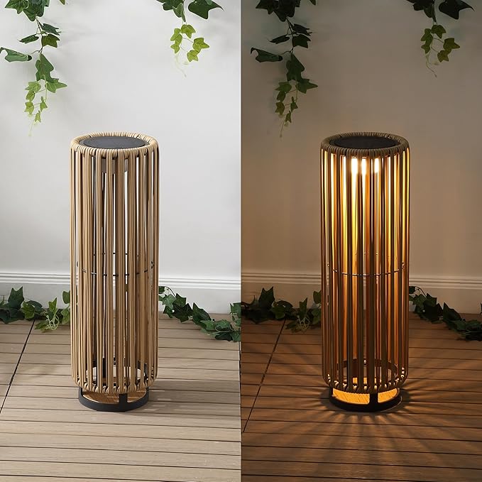 JONATHAN Y JYL2603B 26.75" Modern Solar Outdoor Lantern, Rechargeable Cordless Table Lamp with USB-C Charging, Woven Faux Rattan Dusk to Dawn Accent Light for Patio, Deck, Garden, Porch, Natural