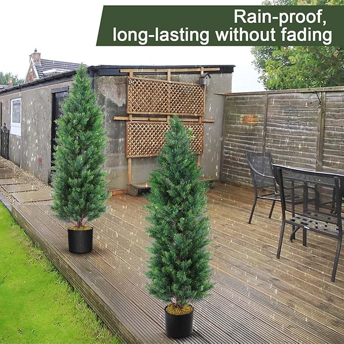 Hananona 2 Pcs 4 Ft Artificial Topiary Cedar Trees, Outdoor Faux Pine Shrubs, Realistic Fake Greenery Plants UV Resistant Cypress Trees for Christmas Porch Front Door Decor (2, Green, 4 Ft)