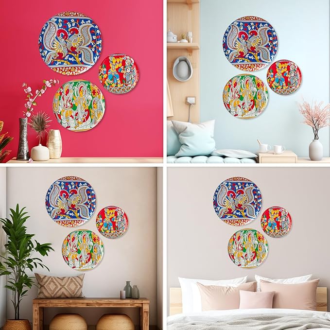 RITUALISTIC Kalamkari Madhubani Wall Plates for home decoration | Wall decor items for living room | Metal Wall décor | Gift items for women and men | Home Décor Christmas Gift Item | Set of 3 plate