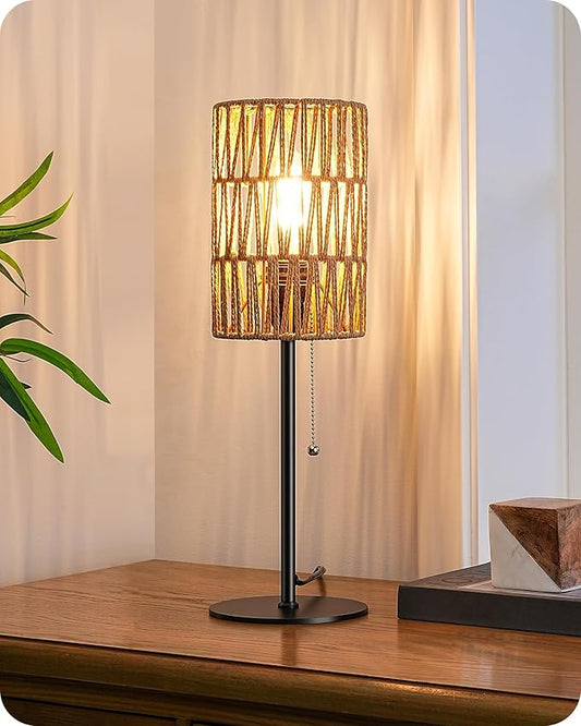 EDISHINE 19.1" Rattan Table Lamp, Tall Bedside Lamp with W-Knit Lampshade, Pull-Chain Switch & E26 Socket, Metal Base Boho Nightstand Lamp for Bedroom, Living Room, Office