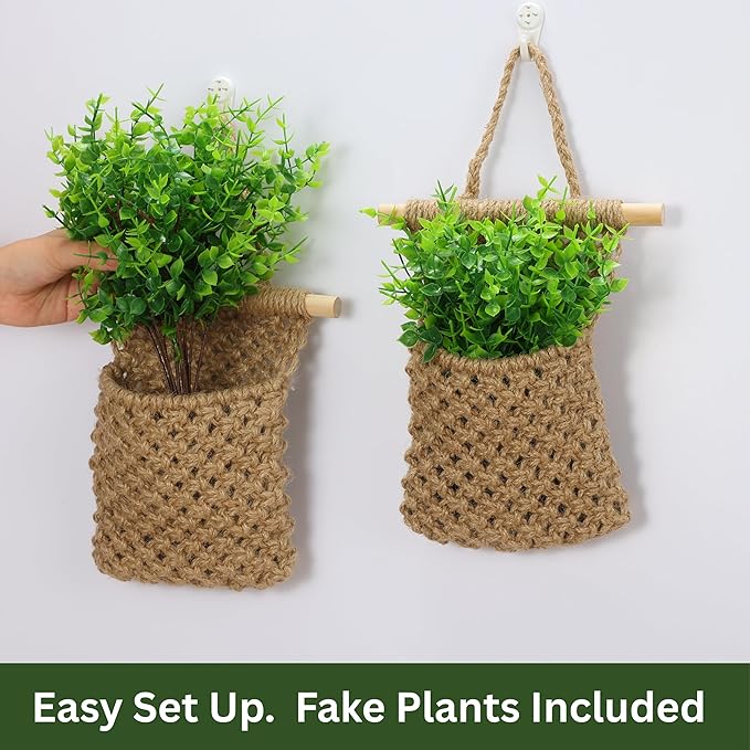 2 Packs Macrame Wall Planters with Artificial Eucalyptus | Macrame Plant Hanger, Wall Plant Holders for Boho, Bathroom, Bedroom & Wall Hanging Decor (2 Packs, Brown)
