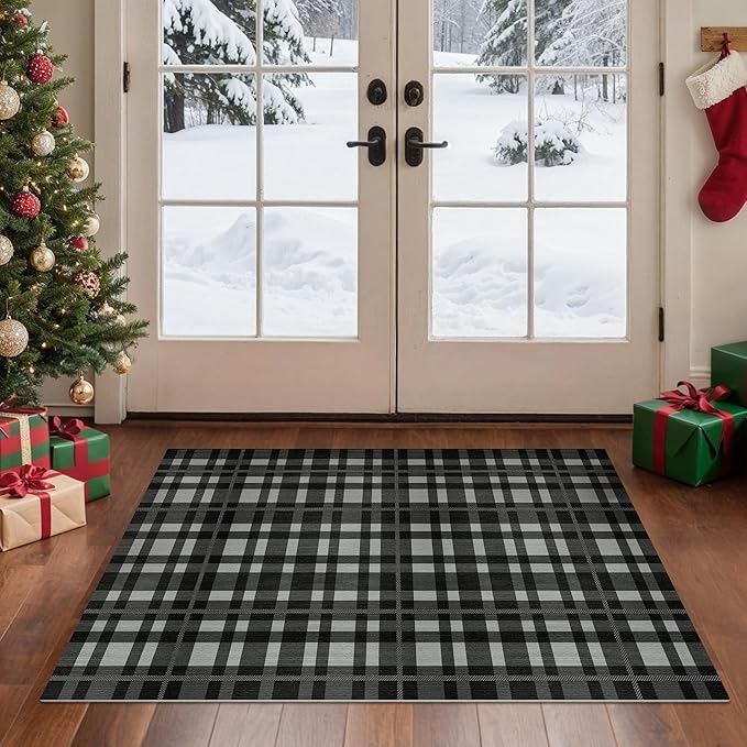 GENIMO Checkered Rug 2x3 Ft Black and White Fine Plaid Outdoor Rug Buffalo Plaid Rugs Mat Fall Doormats Washable Rug for Front Porch Decor Indoor Entrance Patio Balcony Entryway