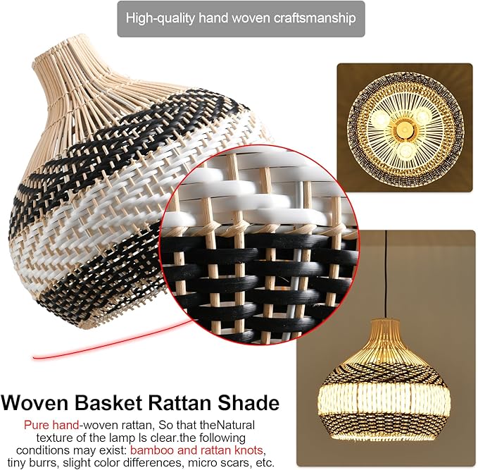 3-Light Rattan Pendant Light,1-Pack Hand-Woven Black White Faux Rattan Hanging Light 15" Boho Basket Wicker Chandelier for Living Room Bedroom Kitchen Dining Hallway