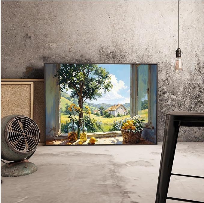 Vintage window farmhouse canvas painting wicker basket full of lemons rolling green hills lush foliage yellow flowers glass bottle rustic charm tranquil country living textured artwork wall decor