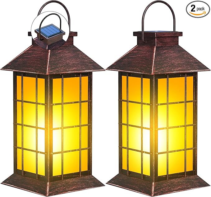 anyperfect 2 Pack 13" Copper Solar Lantern with Flickering Flame Candle | Outdoor Waterproof Hanging Solar Lanterns, Metal & Glass Lights for Garden Decoration, Rustic Gifts for Mom