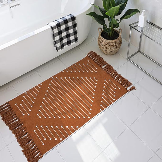 LIVEBOX Burnt Orange Bathroom Rug, Fall Washable Cotton Throw Rug for Bath Entryway Kitchen Sink, Boho Woven Front Door Halloween Decor Rugs with Tassel (2'x3')