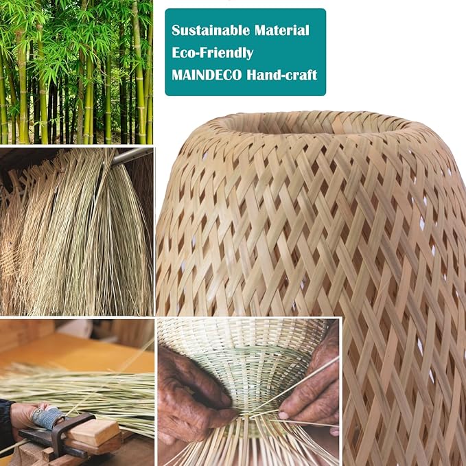 Boho Style Rattan Table Lamp,Dimmable Bamboo Desk Lamp,Green Bamboo