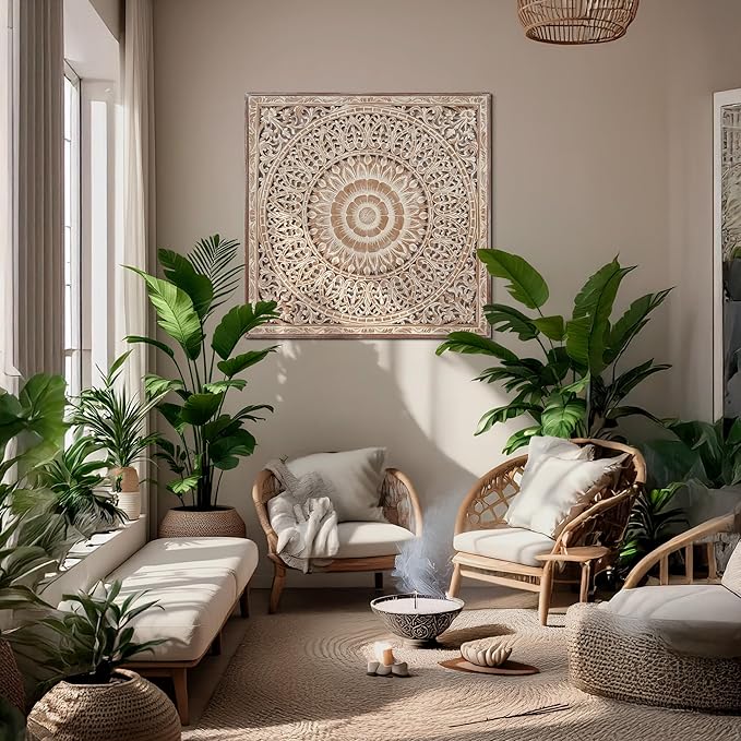 KultureDeco Large Spiritual Mandala Décor Wood Wall Hanging Decor | Above Bed Wall Decor | Living Room & Bedroom Décor Asethetic | Zen Farmhouse Wall Art (Cendana (Antic-Wash))