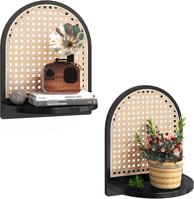 Rattan Shelf Set of 2, 7'' Black Rattan Shelf with Wicker Decor, Boho Wall Decor Small Floating Shelf for Plant Figurines Display, Mini Shelves for Knick Knack Storage