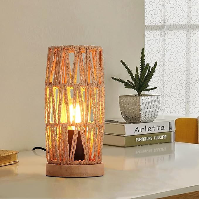 Bamboo Rattan Table Lamp for Living Room, Boho Handmade Woven Cylinder Lampshade Standing Lamp with Natural Wooden Base, Industrial Wicker Desk Light Decoration for Bedroom, Farmhouse