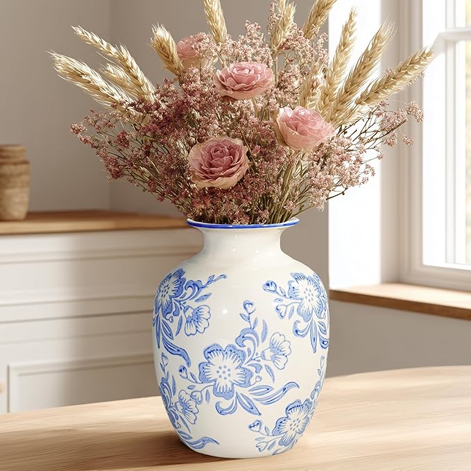 Wancetang Blue and White Chinoiserie Vase for Home Decor- 7 Inch Ceramic Floral Vase for Pampas Grass, Night Stand, Coastal, Kitchen Island, Dining Table Decor