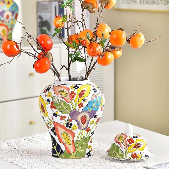 Sungmor Decorative Ceramic Ginger Jar with Lid, Floral Pattern Porcelain Temple Storage Jar, 14" Hand Painted Ceramic Flower Vase for Centerpiece, White Glazed Vase for Flower Arrangement, Home Decor
