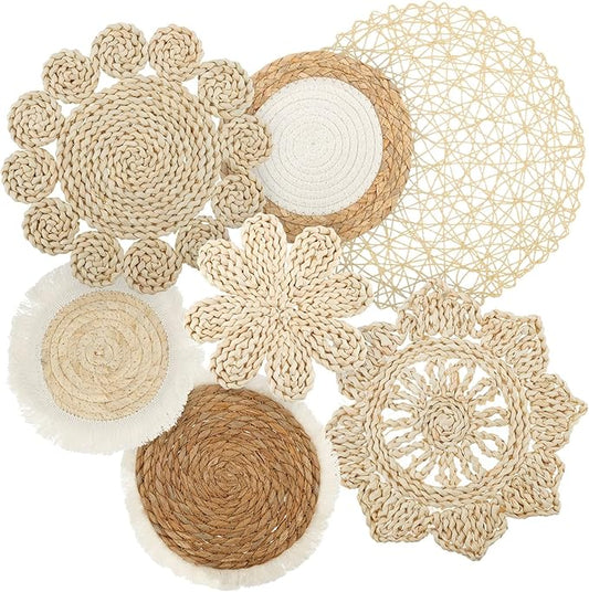 7 Pcs Boho Wall Basket Decor, Rattan Wicker Boho Wall Decor, Hanging Woven Basket Wall Decor, Round Handmade Wall Art for Living Room Bedroom Display Table Settings Home Christmas Decoration (Khaki)