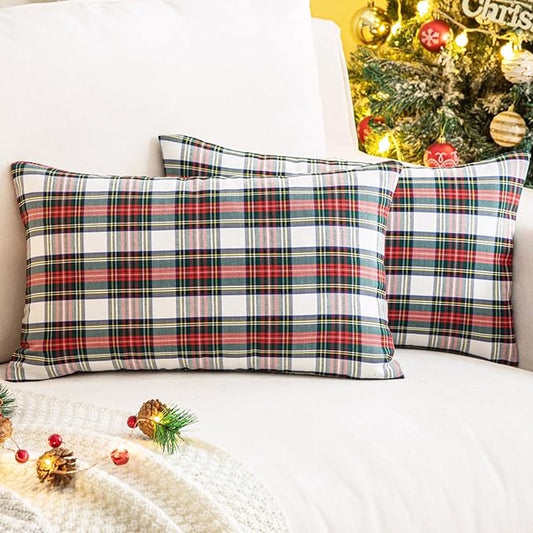 AQOTHES Pack of 2 Christmas Plaid Decorative Throw Pillow Covers Scottish Tartan Cushion Case for Farmhouse Home Holiday Decor Red and White, 12 x 20 Inches