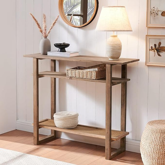 Boho Solid Wood Console Table – 39.4 Inches Rustic Farmhouse Entryway Table with Rattan Shelf, 3 Tier Open Tiered Console Table, Sofa Table for Hallway, Living Room, Foyer