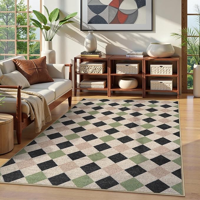 Collive Checkered Easy Jute Indoor Outdoor Rugs, 5X7 Washable Patio Rug Modern Geometric Living Room Carpet, Non Slip Black and Green Farmhouse Dining Room Carpets for Outside Backyard Office Foyer