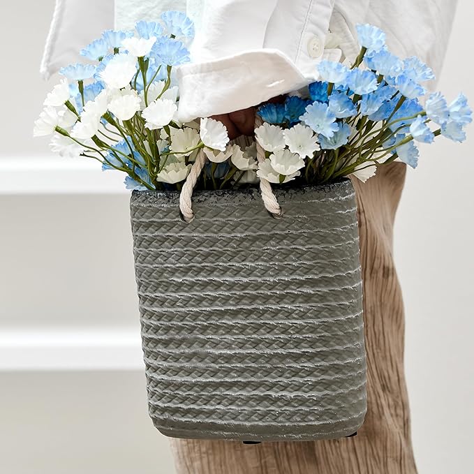 Vaseking Elegant Petite Vase, 6.6 inch Ceramic Modern Minimalism Basket Vase with Hanging Rope, Creative Tote Bag Vases for Home Decor, Living Room, Wedding, Bookshelf Decor, Gray