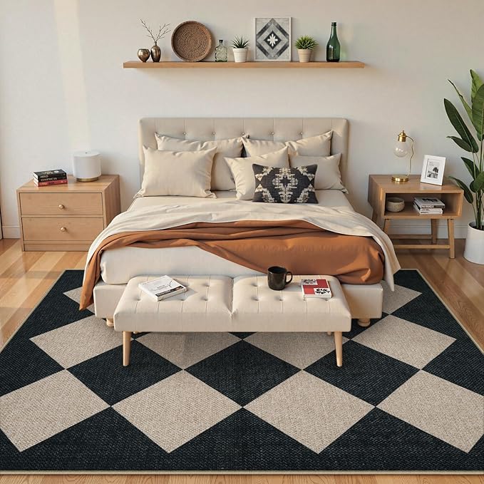 Collive Checkered Easy Jute Outdoor Patio Rug 5x7, Modern LargeWashable Area Rugs Large Non Slip Woven Living Room Carpets, Farmhouse Black Plaid Outside Carpet for Backyard Dining Room Dorm RV