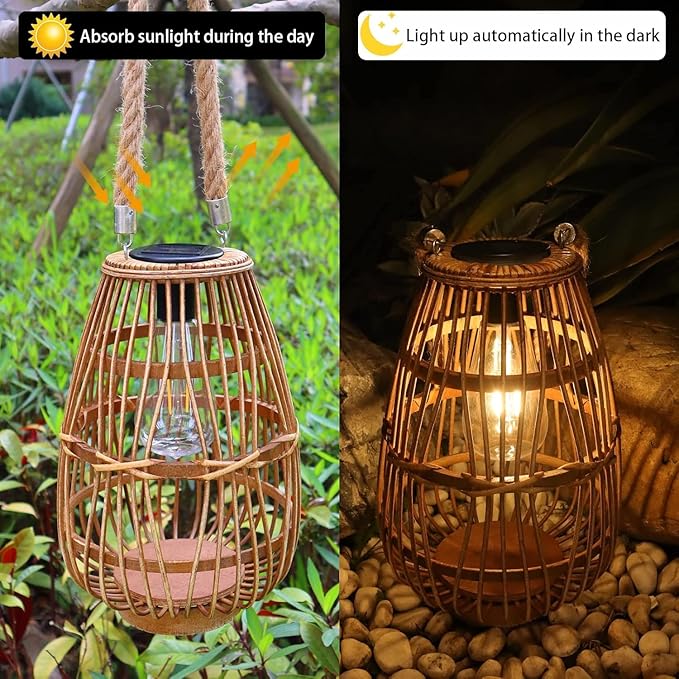 pearlstar Outdoor Solar Lanterns Light Rattan Natural Lantern with Handle for Hanging or Table Lamp for Patio Yard Garden Wedding Home Decoration, Edison Bulb, Auto on/Off(Style 1)