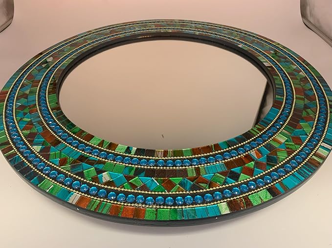 Wall Art Décor – Handcrafted Decorative Wall Mirror, Autumn Green, Deep Blue, and Brown Round Mosaic, 24” Round Mirror for Hallway, Bedroom, Bathroom, Living Room