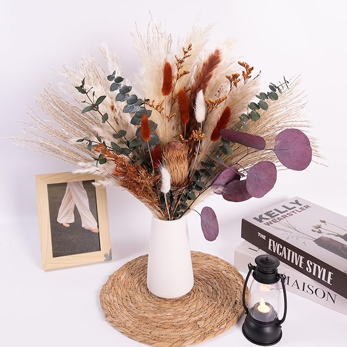 Handmade Bohemian Dried Flower Bouquet – Finished Floral Arrangement with Pincushion Flower, Pampas Grass, Bunny Tails & Eucalyptus – Rustic Farmhouse, Party, Shelf, Dining Table & Home Decor